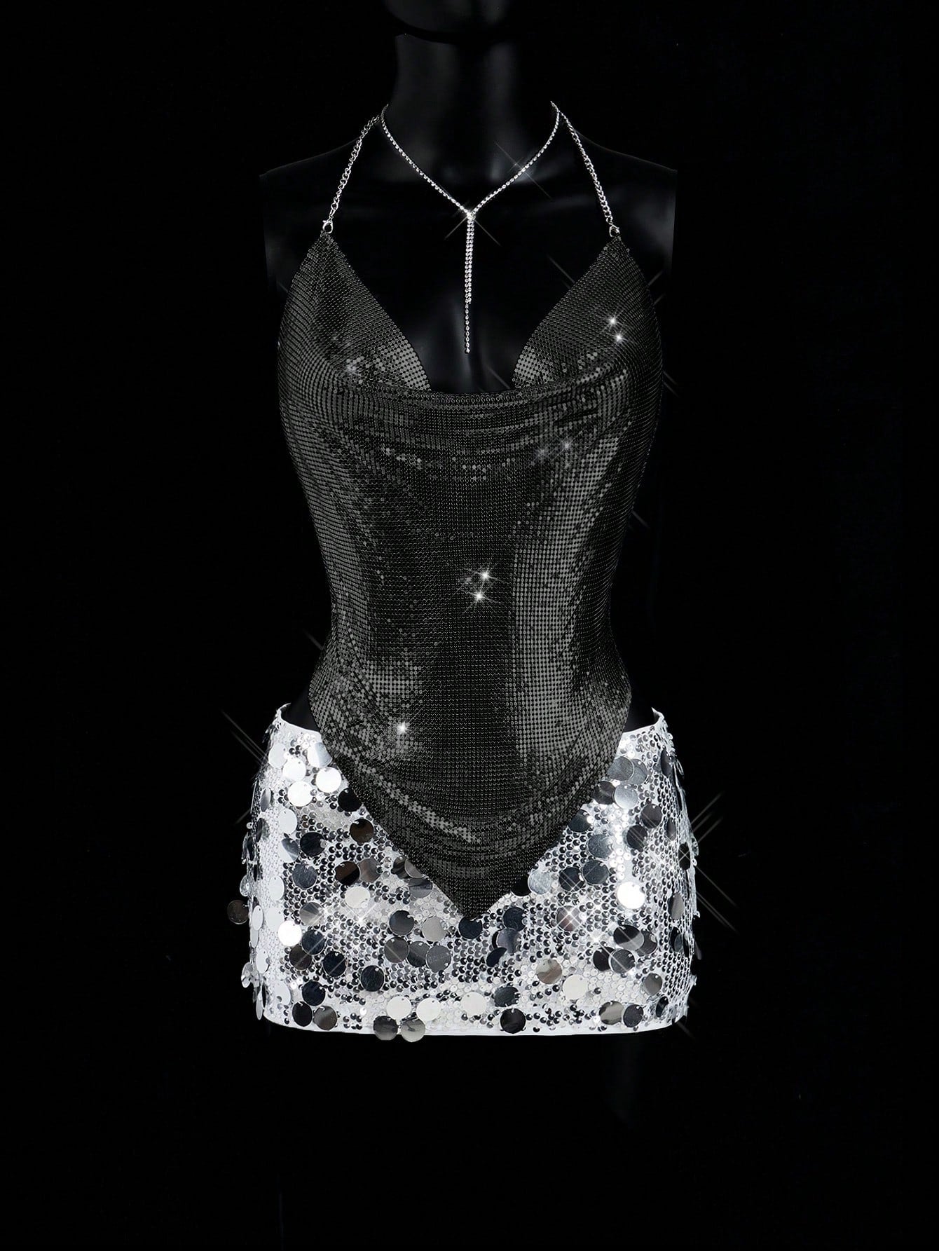 Metal Sequin Deep V Top-Black - vevewholesale