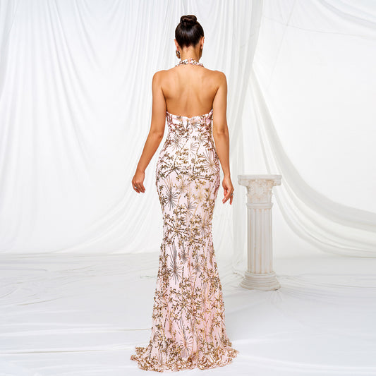 Strapless Slit Sequined Maxi Dress-Pink - vevewholesale