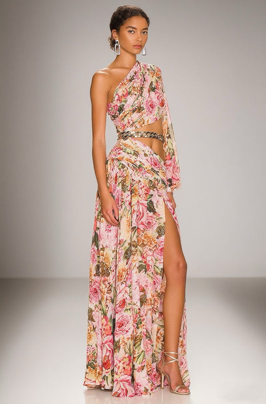 One-shoulder high-cross printed dress-Pink - vevewholesale