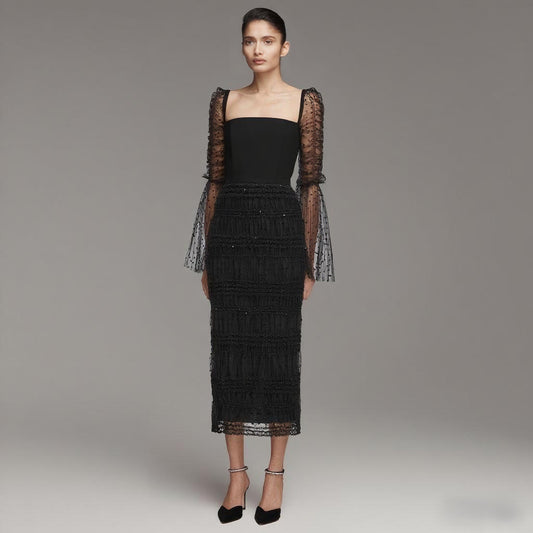 Puffy Long Sleeved Lace Long Dress - vevewholesale