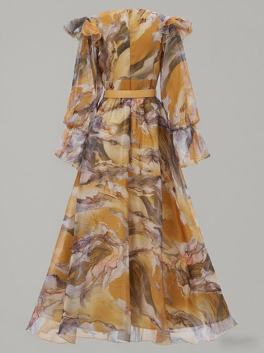 Long-sleeved Pleated Mesh Dress-Yellow - vevewholesale