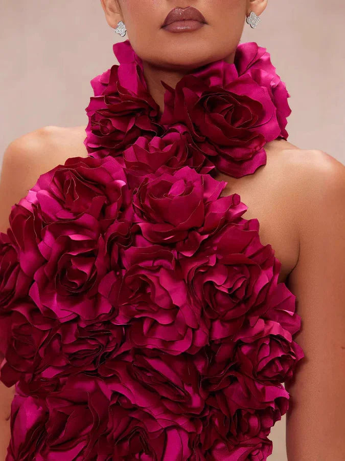 Big Flower Midi Dress-Rose Red - vevewholesale