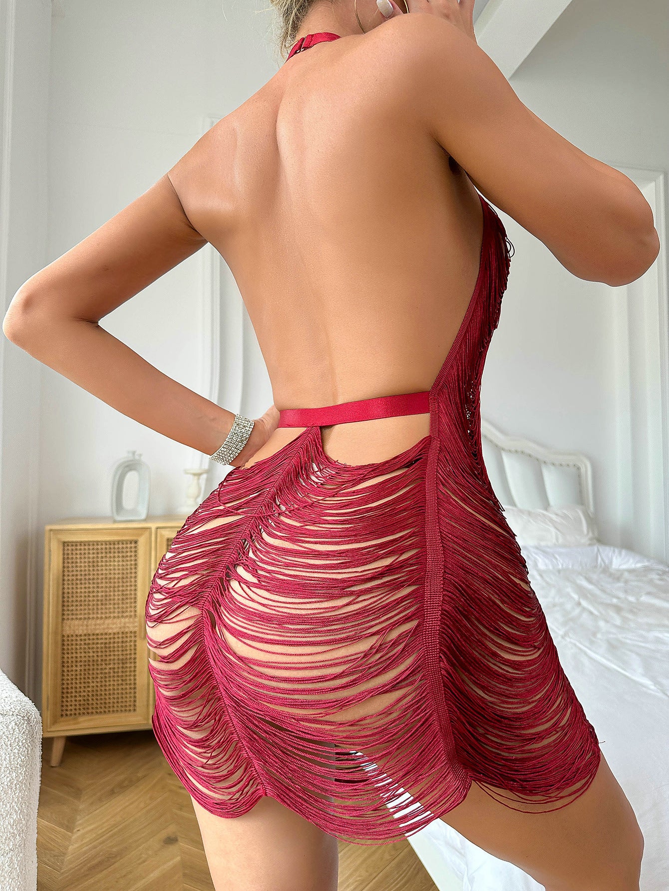 Halter Neck Backless Fabric Line Mini Dress -Wine Red - vevewholesale
