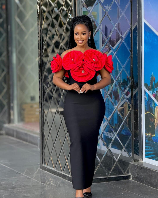 Off The Shoulder Floral Long Dress-Red - vevewholesale