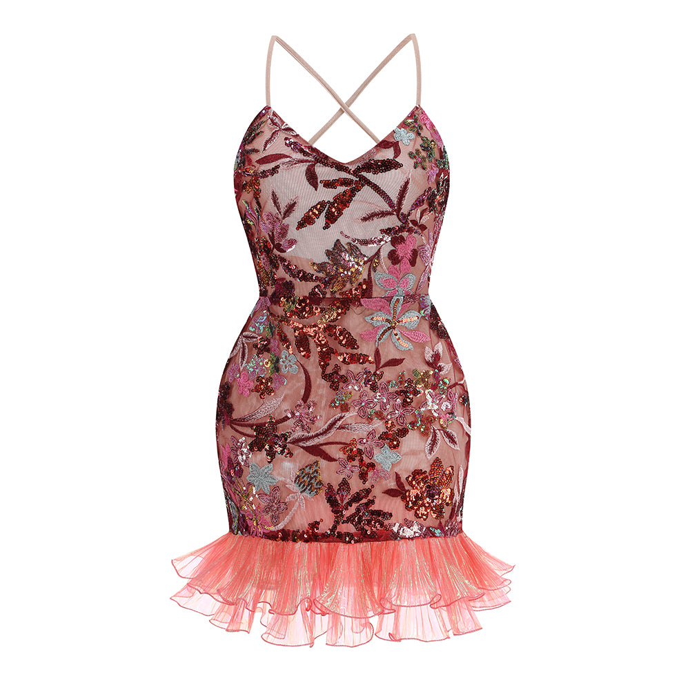 Strappy Embroidered Mini Dress-Pink - vevewholesale