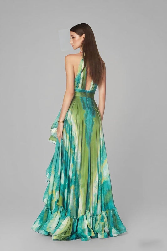 Halter Neck Smudged Printed Dress - vevewholesale