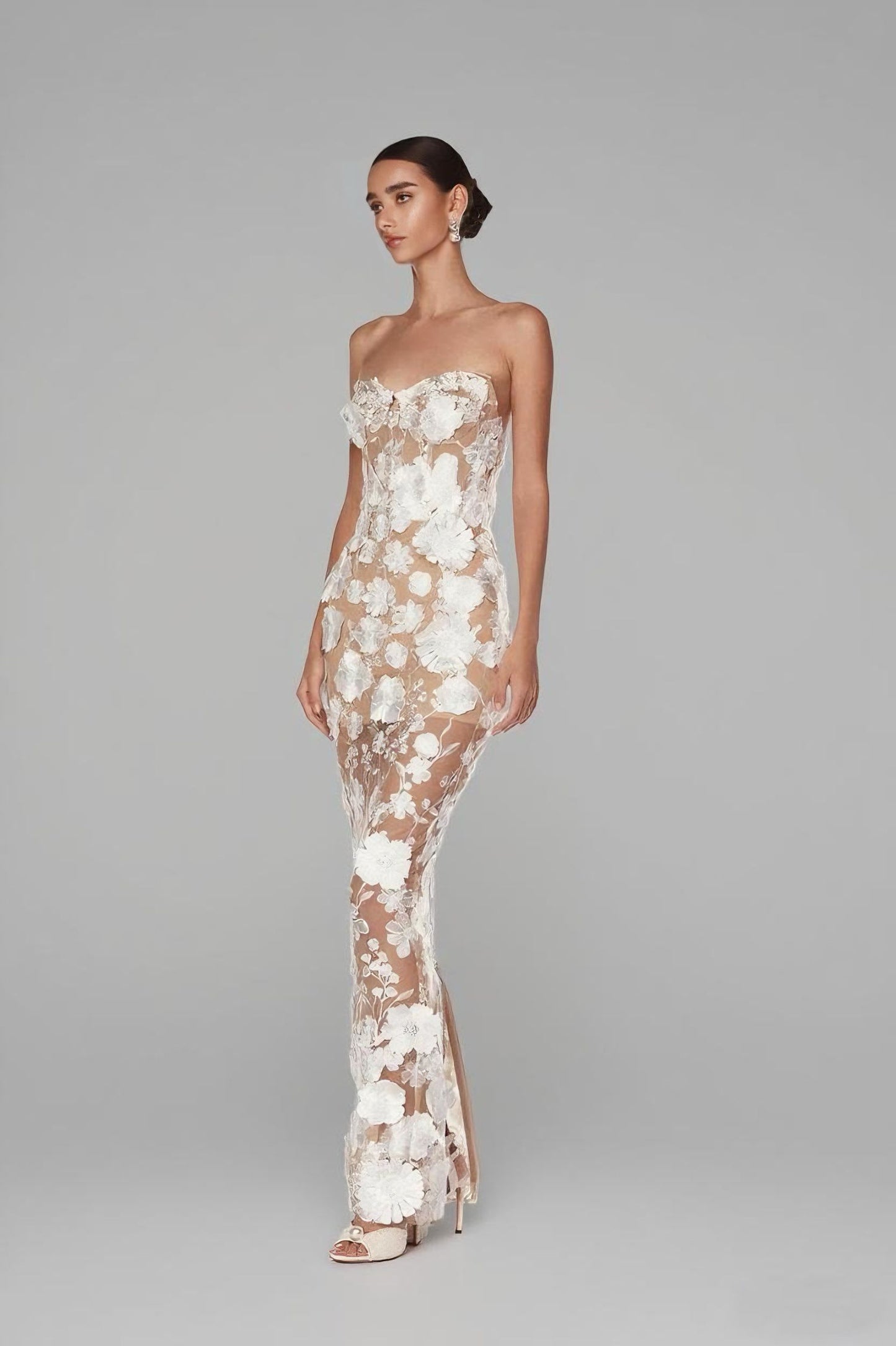 Flower Strapless Maxi Dress-White
