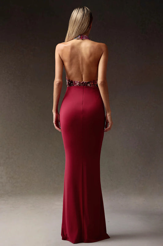 Halter Embroidered Patchwork Maxi Dress-Red