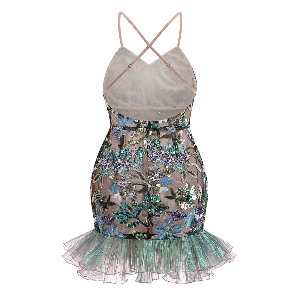 Strappy Embroidered Mini Dress-Green - vevewholesale