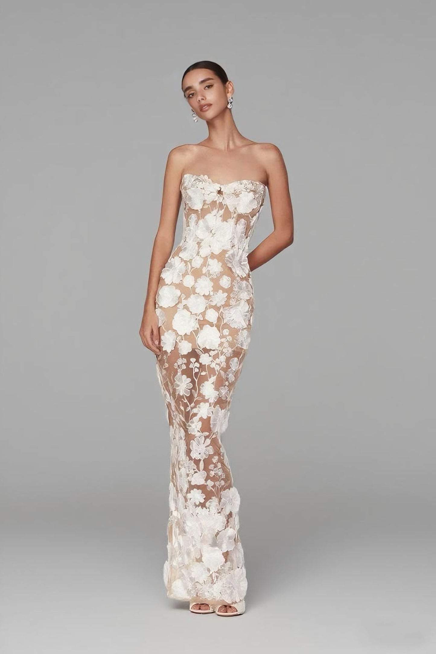 Flower Strapless Maxi Dress-White