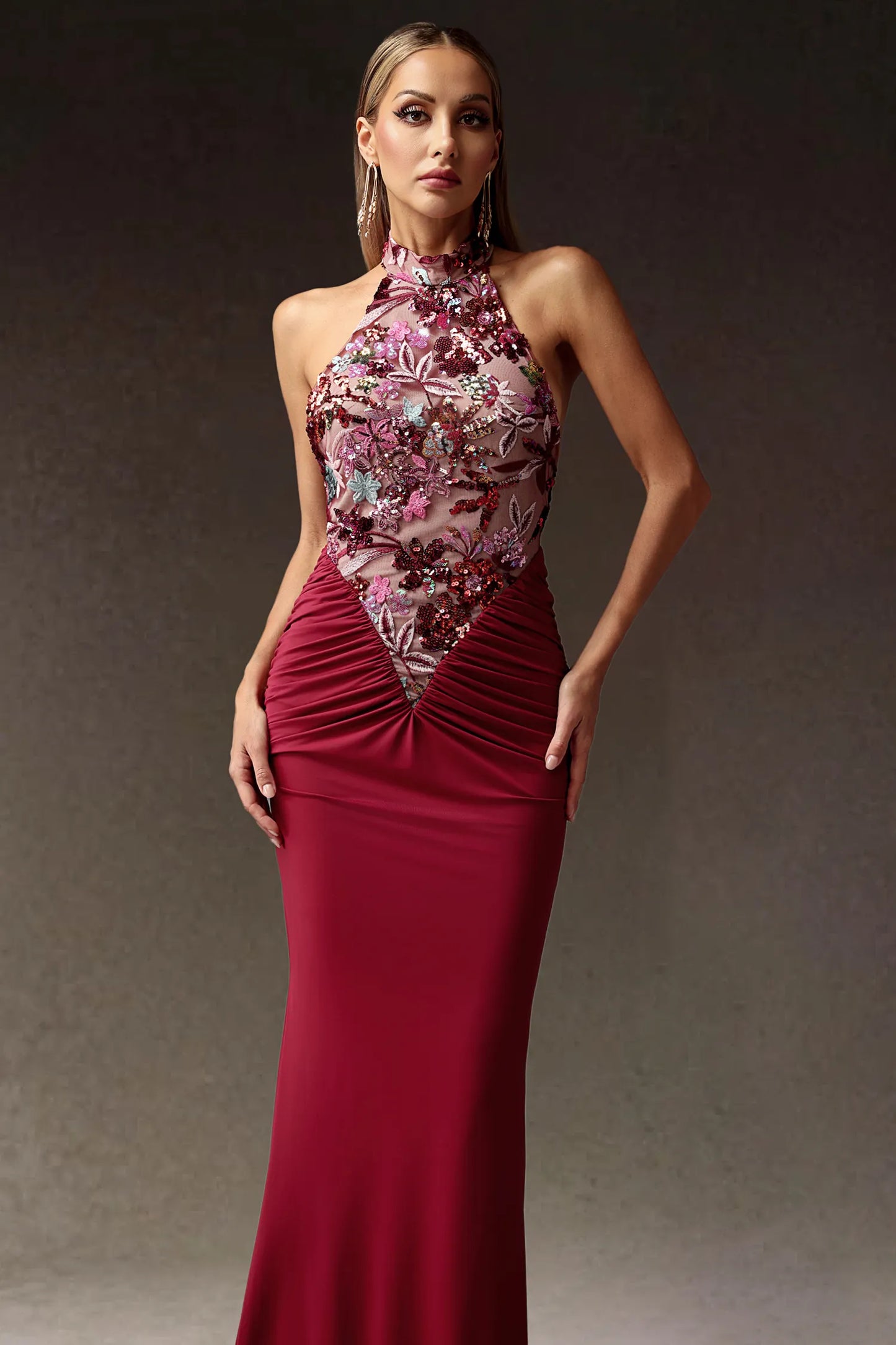Halter Embroidered Patchwork Maxi Dress-Red