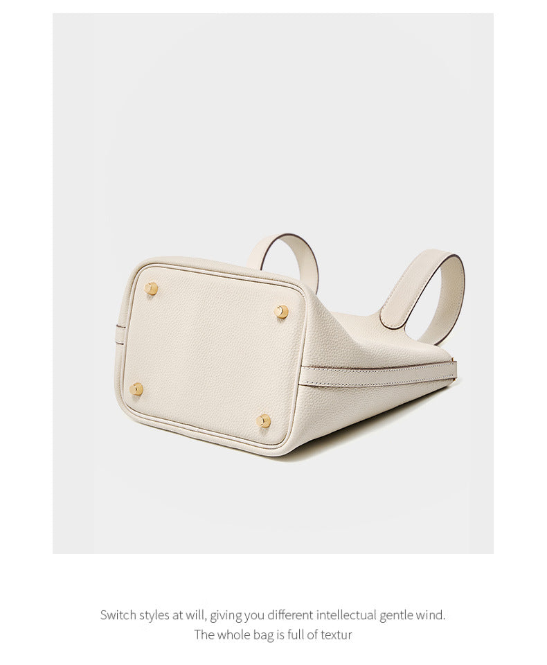 Leather Bucket Handbag-Off White - vevewholesale