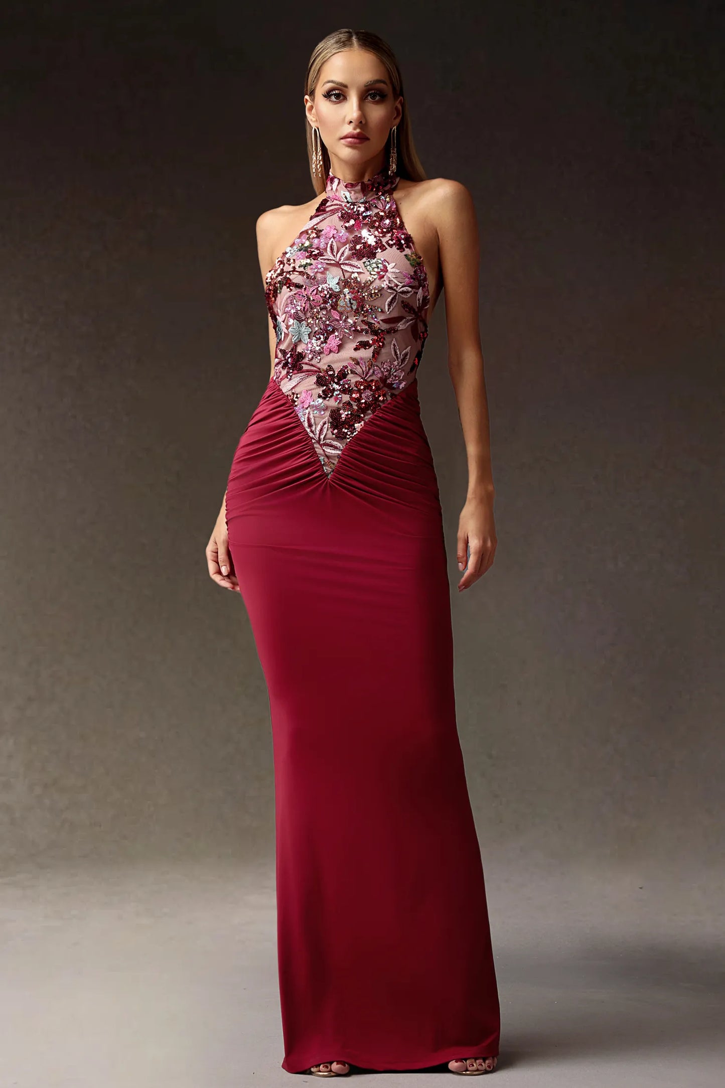 Halter Embroidered Patchwork Maxi Dress-Red