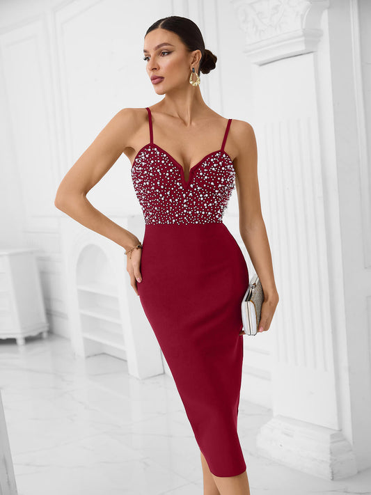 Elegant Wine-Red Beaded Bandage Dress