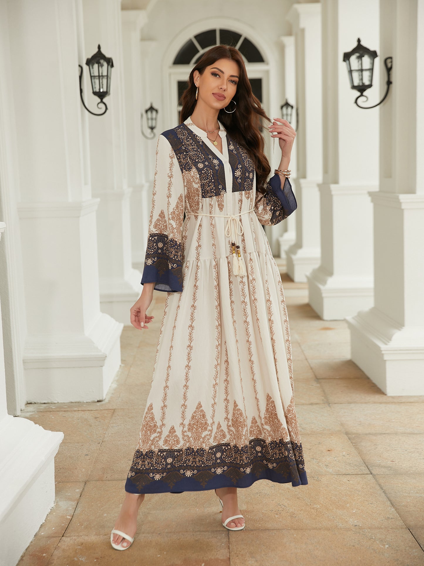 long Seeved Modest Printed Long Dress