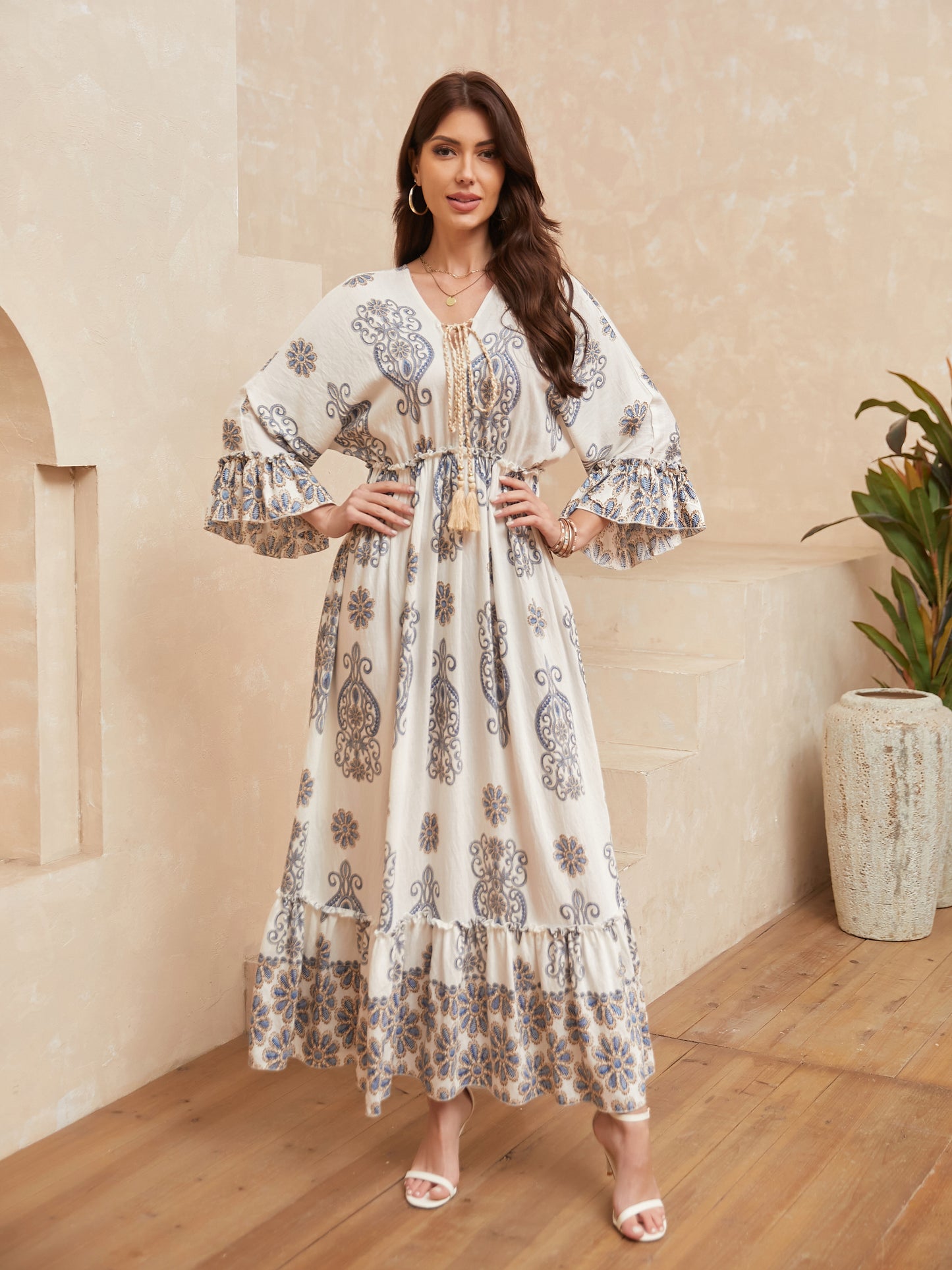 Long Sleeved Elegant Printed Long Dress