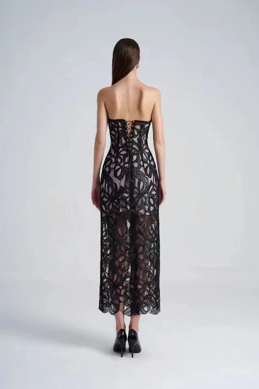 Lace Embroidered Strapless Long Dress