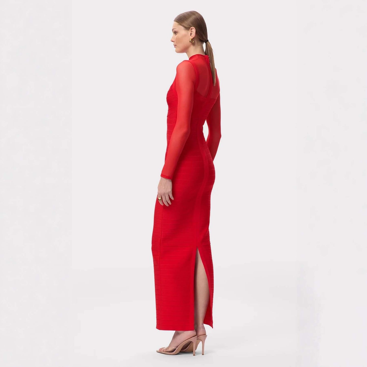 Long-Sleeved Mesh Long Dress