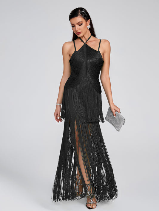 Maya Fringed Party Dress-Black