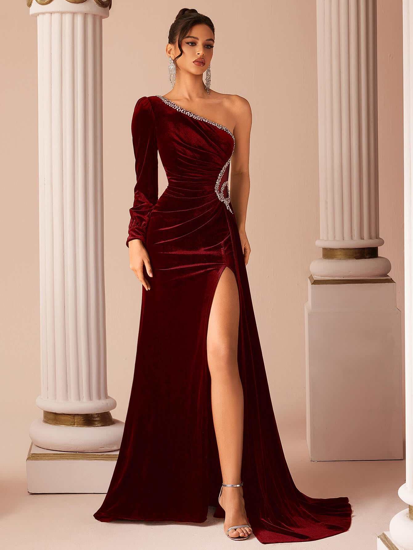 open lace back dress Velvet One Shoulder Slit Gown by Amelia Couture 6118 main image 1