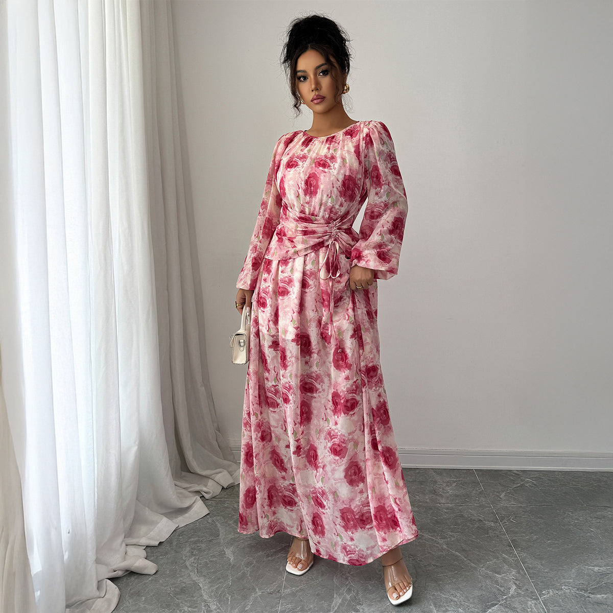 Printed Long-Sleeved Long Dress