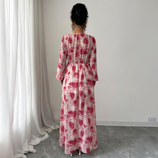 Printed Long-Sleeved Long Dress