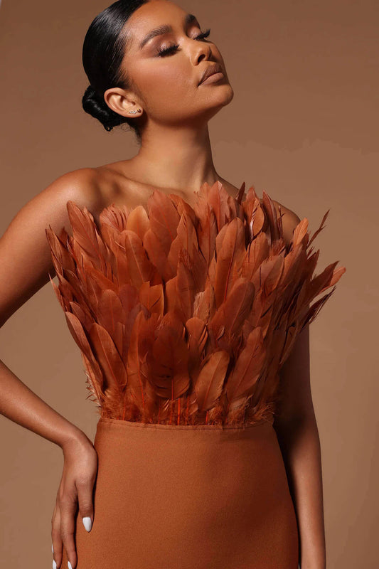 Strapless Feather Bandage Dress-Brown