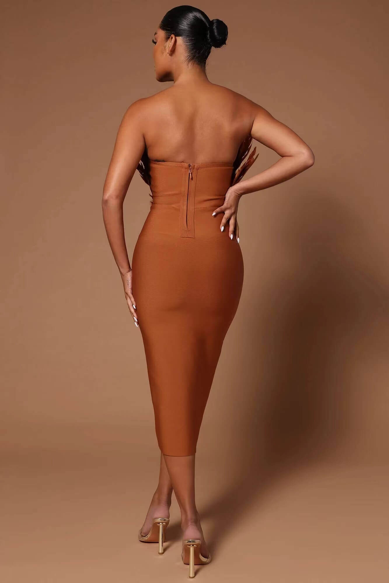 Strapless Feather Bandage Dress-Brown