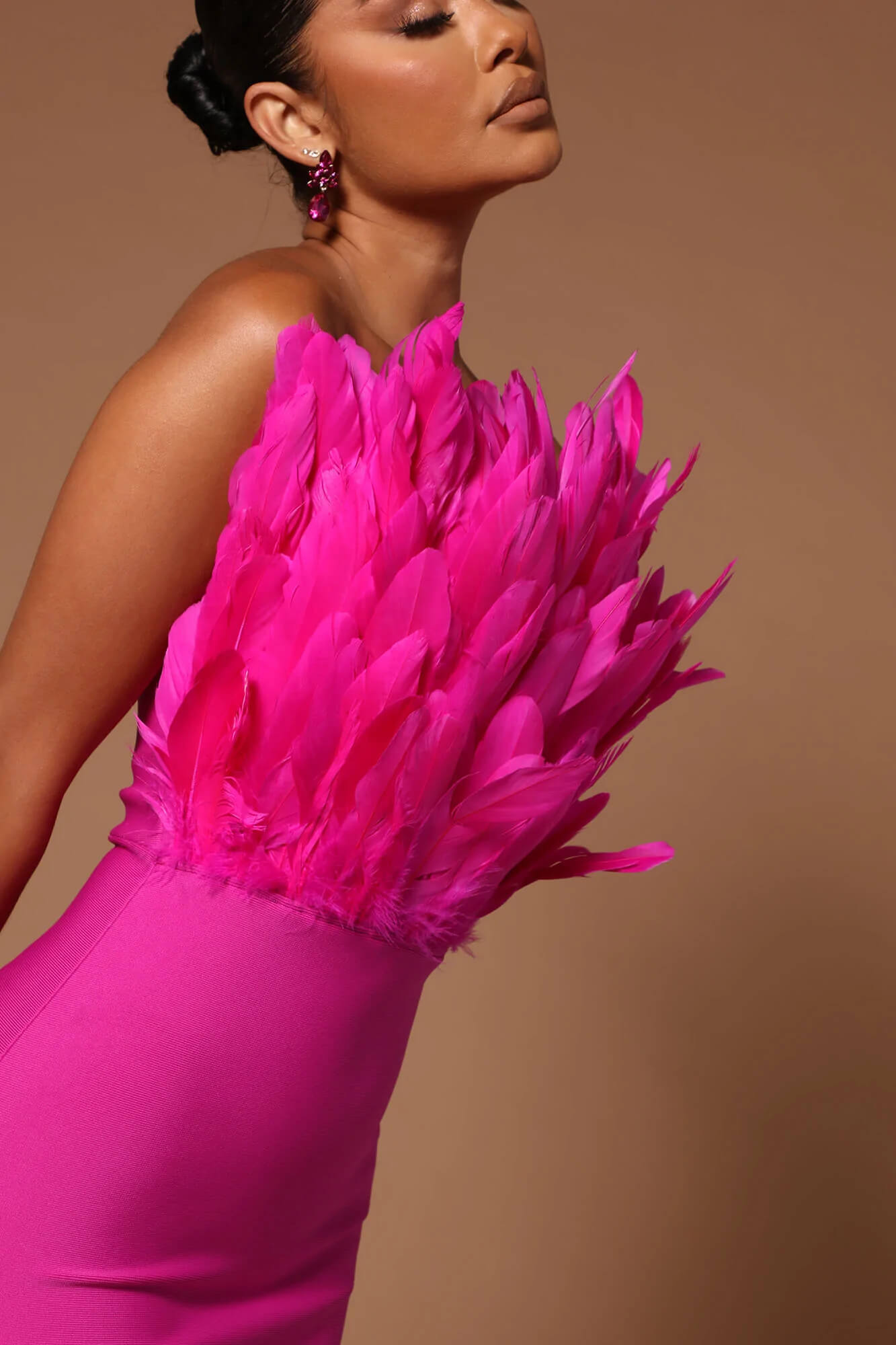 Strapless Bandage Feather Bandage Dress-Rose Red