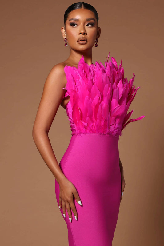 Strapless Bandage Feather Bandage Dress-Rose Red
