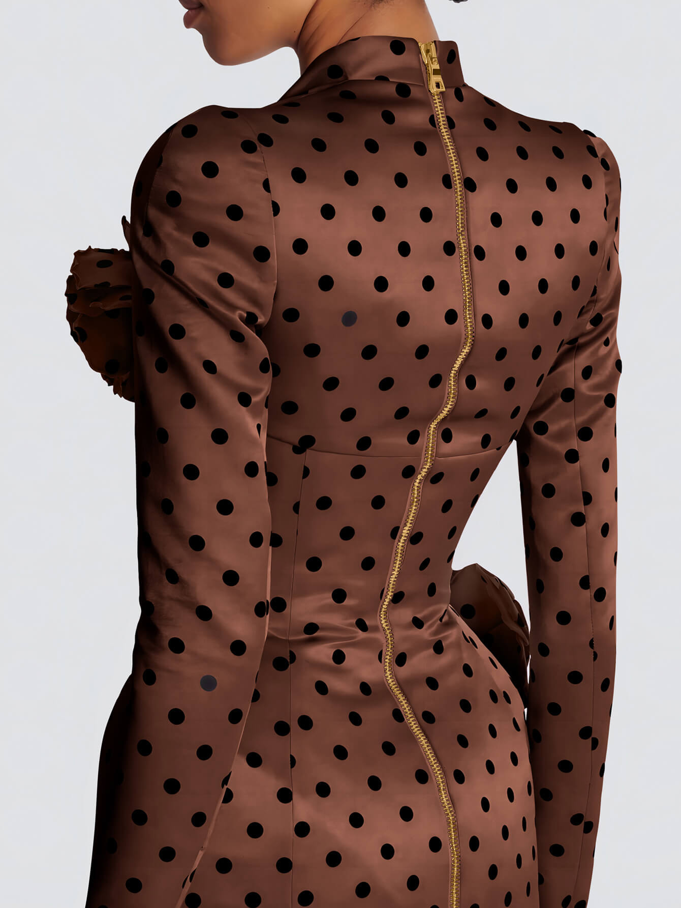V-Neck Polka Flower Mini Dress-Brown