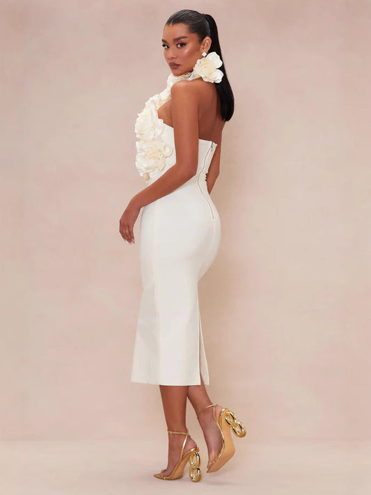 Big Flower Midi Dress-White - vevewholesale