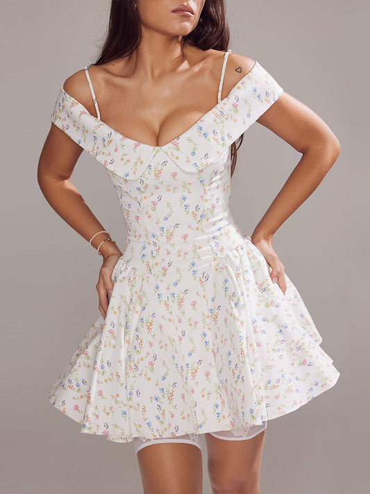 One Shoulder Strappy Printed Puffy Mini Dress-White - vevewholesale