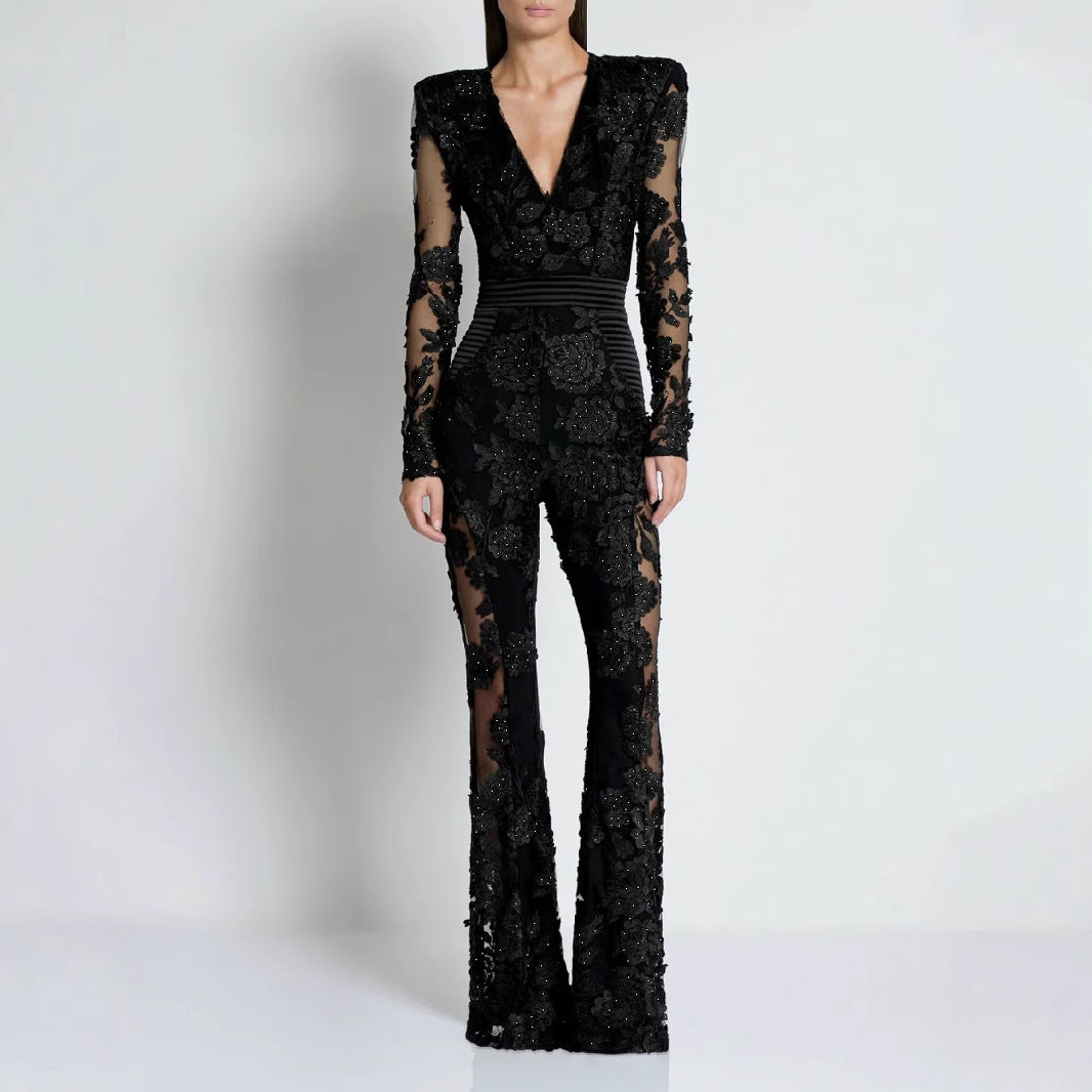 V Neck Lace Patchwork Jumpsuit - vevewholesale