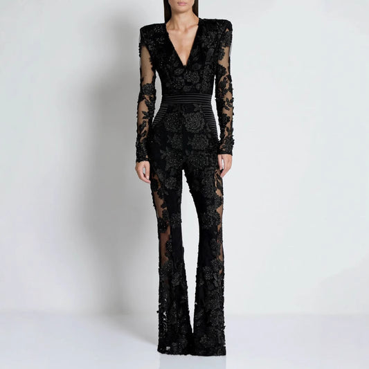 V Neck Lace Patchwork Jumpsuit - vevewholesale