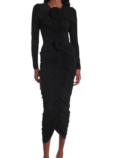 Long sleeved Mesh Maxi Dress--Black - vevewholesale