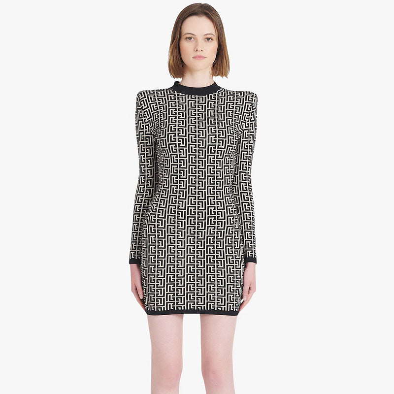 Long sleeved Round Neck Jacquard Mini Dress - vevewholesale