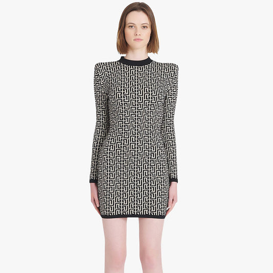 Long sleeved Round Neck Jacquard Mini Dress - vevewholesale