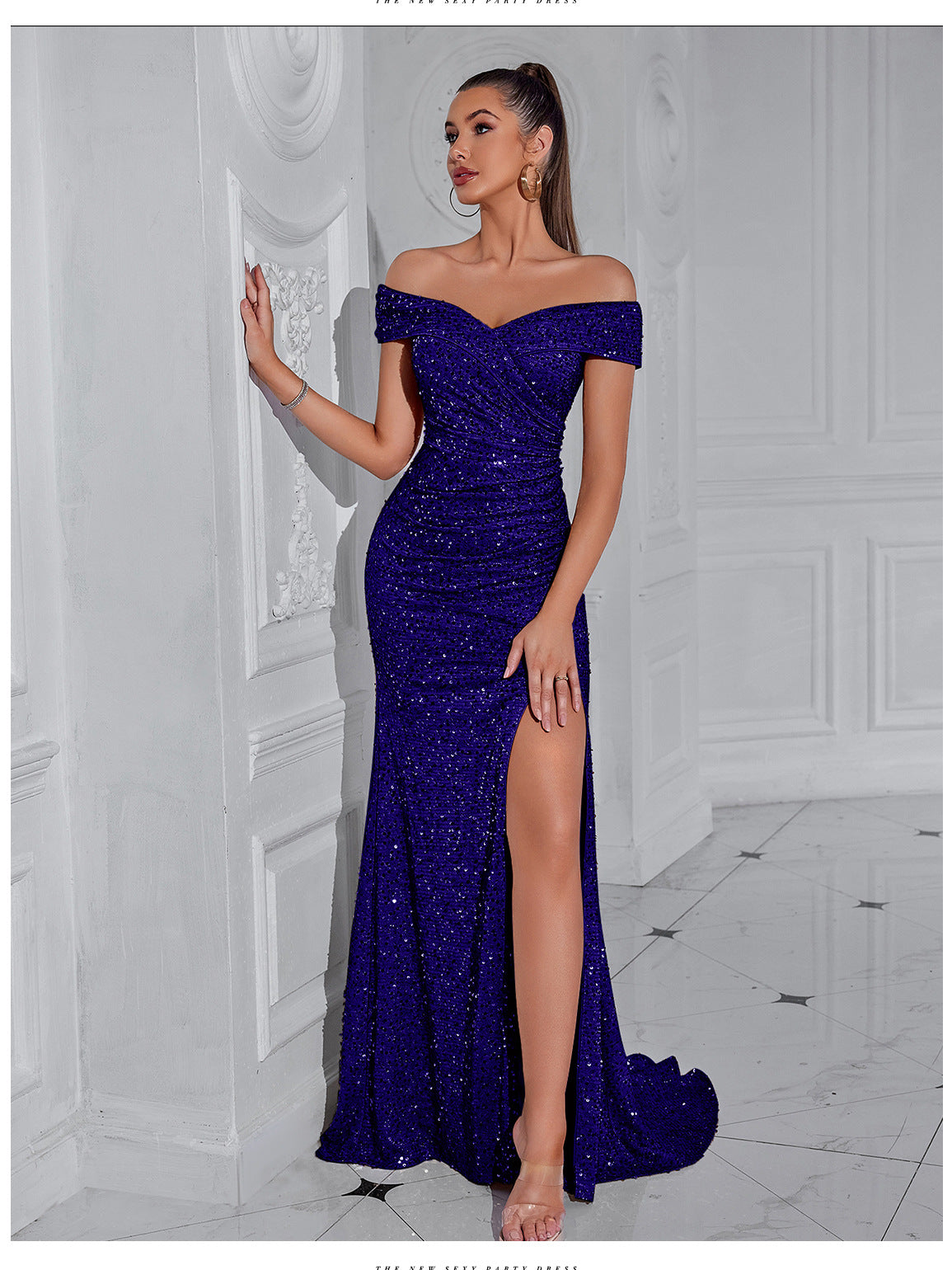 Sequined Off The Shoulder High Slit Maxi Dress-Blue - vevewholesale