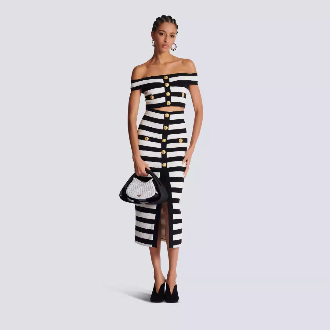 Black And White Off Tthe Shoulder Two Piece Set - vevewholesale
