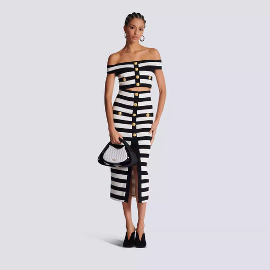 Black And White Off Tthe Shoulder Two Piece Set - vevewholesale