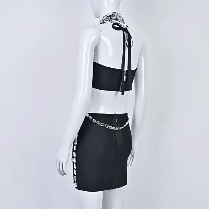 Diamond-Encrusted Halter Neck Two-Piece Set - vevewholesale
