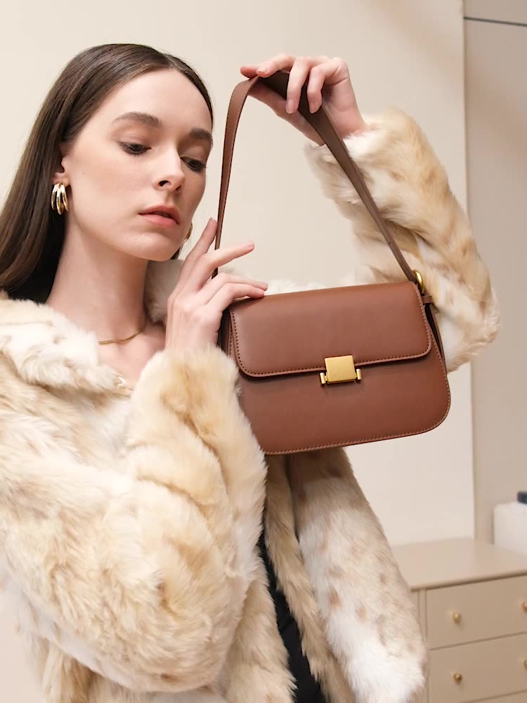Genuine Leather Shoulder Bag-Baramel Color - vevewholesale