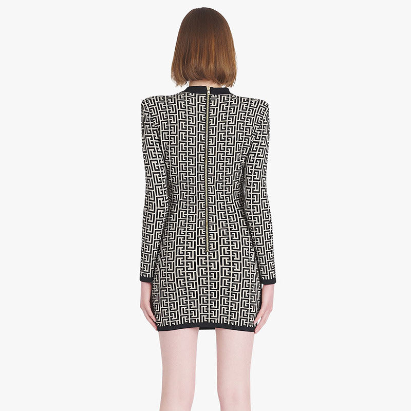 Long sleeved Round Neck Jacquard Mini Dress - vevewholesale