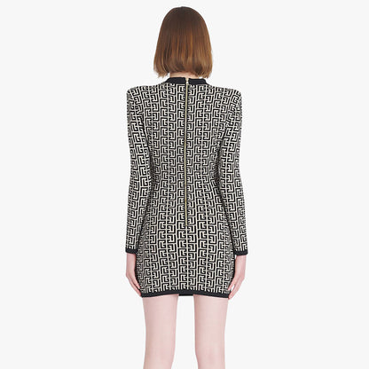Long sleeved Round Neck Jacquard Mini Dress - vevewholesale