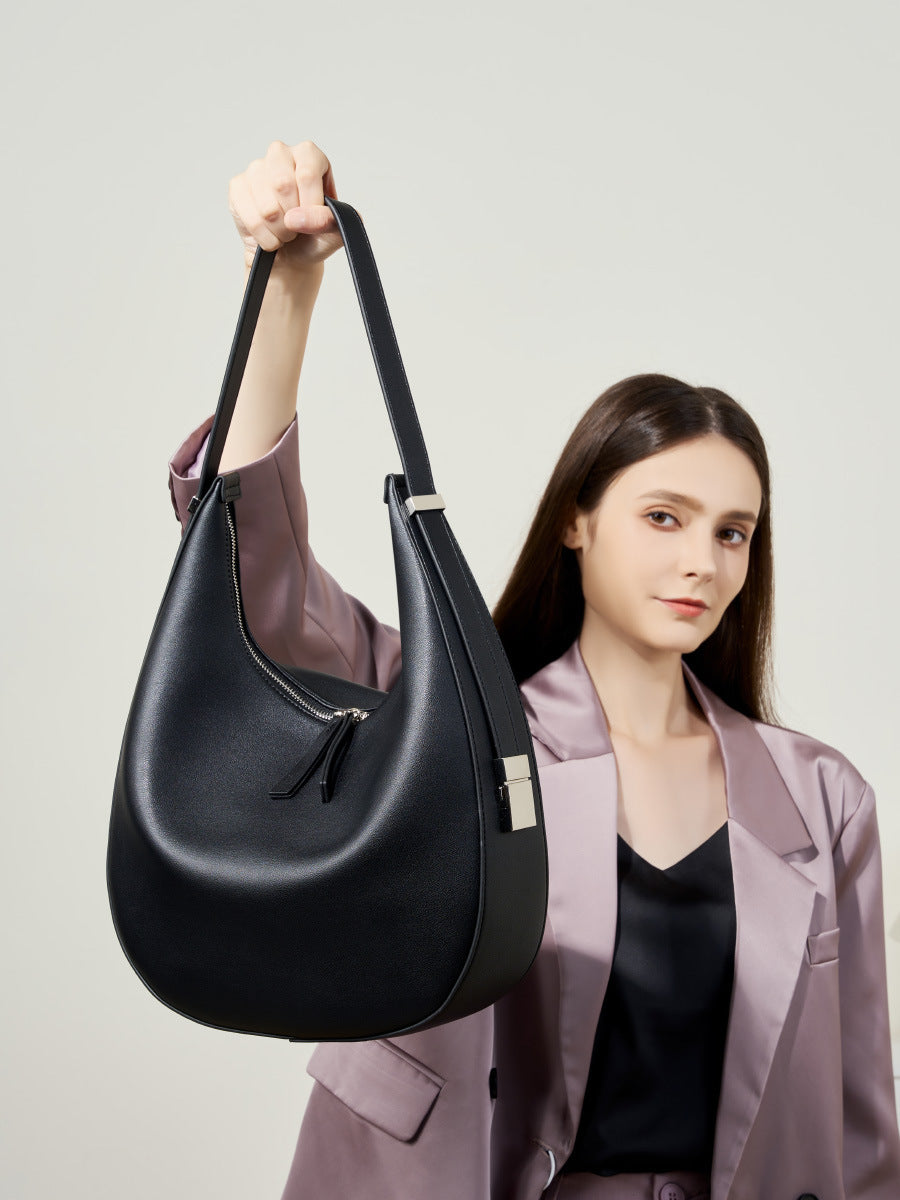 Crescent Shaped Bucket Bag-Black - vevewholesale