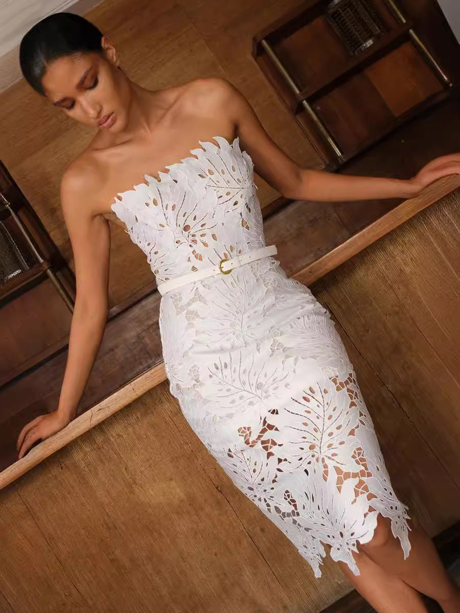 Maple Leaf Strapless Midi Dress-White - vevewholesale