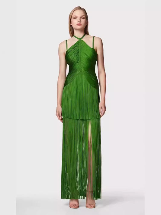 Tassel Halter Dress-Green - vevewholesale