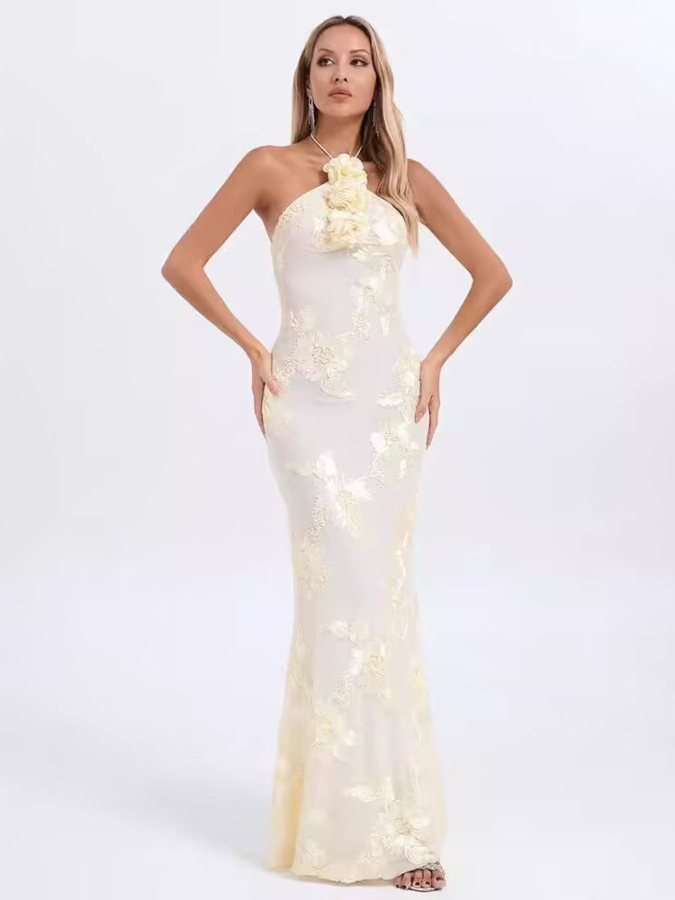 Halter Neck Jacquard Maxi Dress - vevewholesale