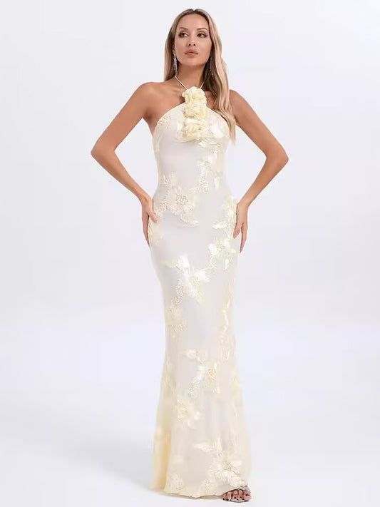 Halter Neck Jacquard Maxi Dress - vevewholesale